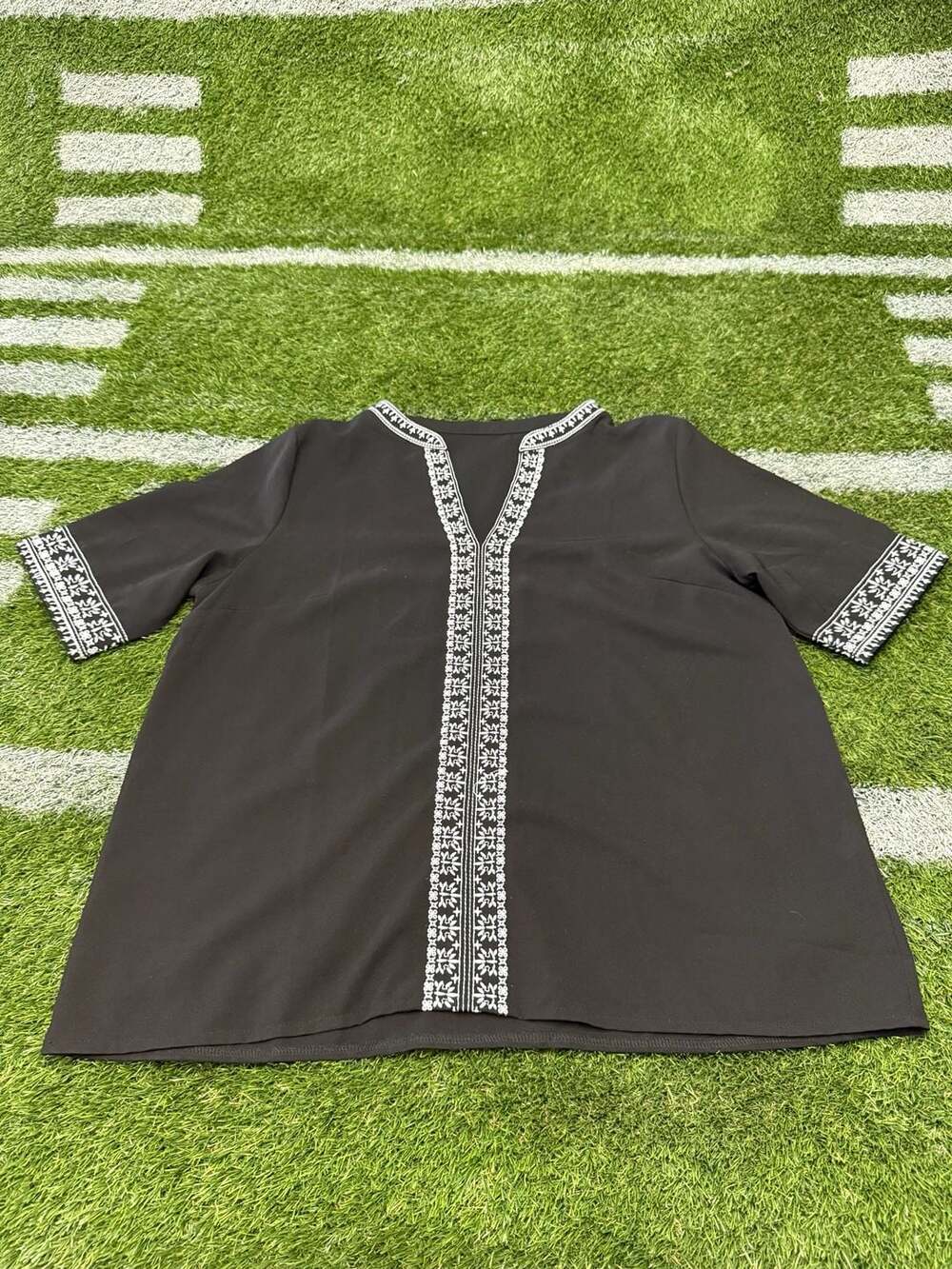 Black Embroidered Split Neck Top
